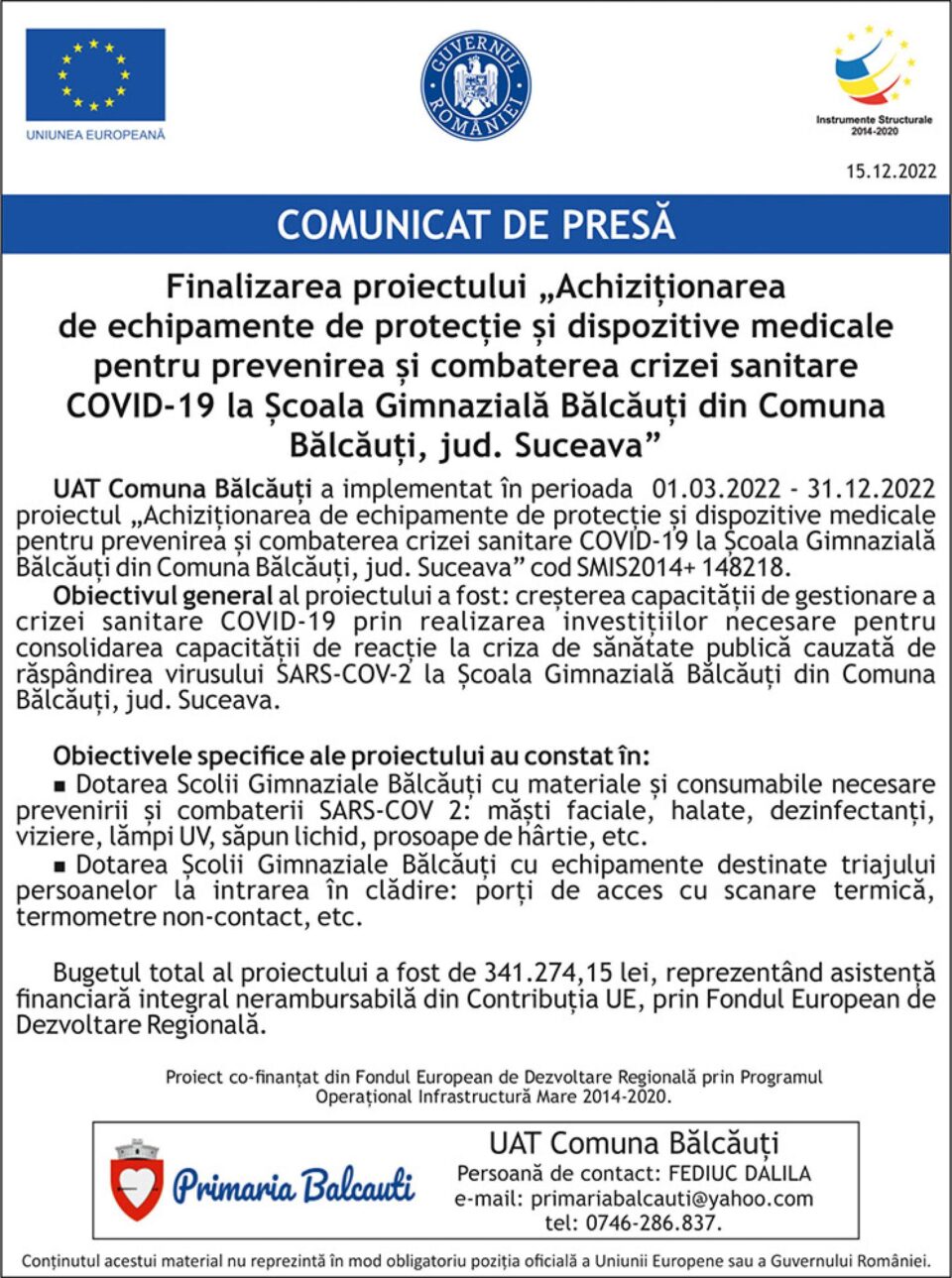 Finalizarea proiectului „Achiziționarea de echipamente de protecție și dispozitive medicale pentru prevenirea și combaterea crizei sanitare COVID-19 la Școala Gimnazială Bălcăuți din Comuna Bălcăuți, jud. Suceava”
