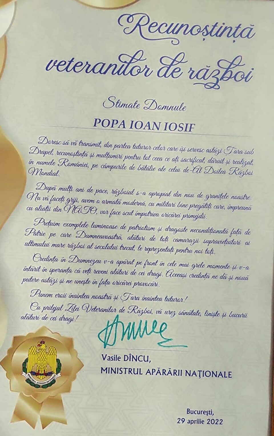 Recunoștință pentru veteranul Iosif Popa din partea conducerii Ministerului Apărării Naționale