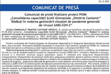 Comunicat de presă finalizare proiect POIM „Consolidarea capacității Școlii Gimnaziale „Dimitrie Cantemir” Rădăuți în vederea gestionării situației de pandemie generată de virusul SARS-COV-2”