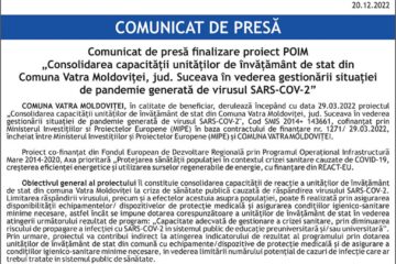 Comunicat de presă finalizare proiect POIM „Consolidarea capacității unităților de învățământ de stat din Comuna Vatra Moldoviței, jud. Suceava în vederea gestionării situației de pandemie generată de virusul SARS-COV-2”