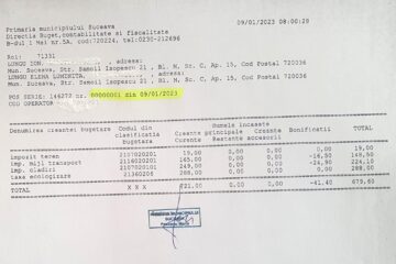 Chitanța cu numărul 1, emisă primarului Ion Lungu, care vrea să dea un exemplu, fiind primul la plata taxelor și impozitelor, de 19 ani