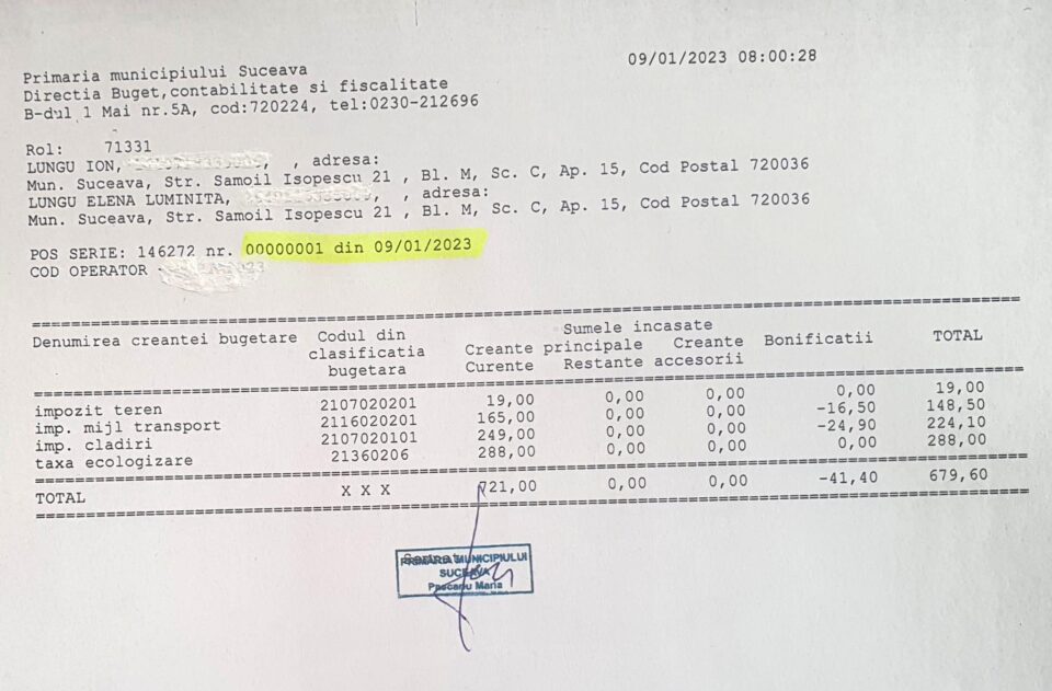 Chitanța cu numărul 1, emisă primarului Ion Lungu, care vrea să dea un exemplu, fiind primul la plata taxelor și impozitelor, de 19 ani