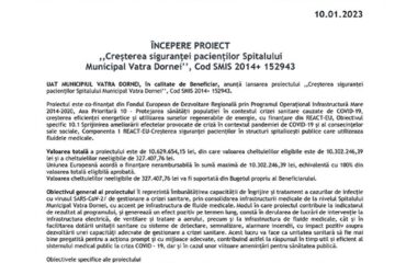 ÎNCEPERE PROIECT ,,Creșterea siguranței pacienților Spitalului Municipal Vatra Dornei’’, Cod SMIS 2014+ 152943