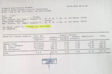 Chitanța cu numărul 1, emisă primarului Ion Lungu, care vrea să dea un exemplu, fiind primul la plata taxelor și impozitelor, de 19 ani
