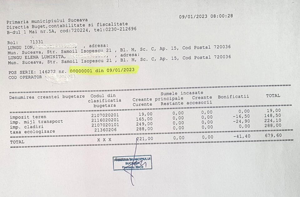 Chitanța cu numărul 1, emisă primarului Ion Lungu, care vrea să dea un exemplu, fiind primul la plata taxelor și impozitelor, de 19 ani