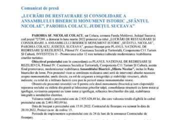 „LUCRĂRI DE RESTAURARE ȘI CONSOLIDARE A ANSAMBLULUI BISERICII MONUMENT ISTORIC „SFÂNTUL NICOLAE”, PAROHIA COLACU, JUDEȚUL SUCEAVA”