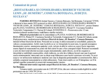 „RESTAURAREA ȘI CONSOLIDAREA BISERICII VECHI DE LEMN „SF. DUMITRU”, COMUNA BOTOȘANA, JUDEȚUL SUCEAVA”