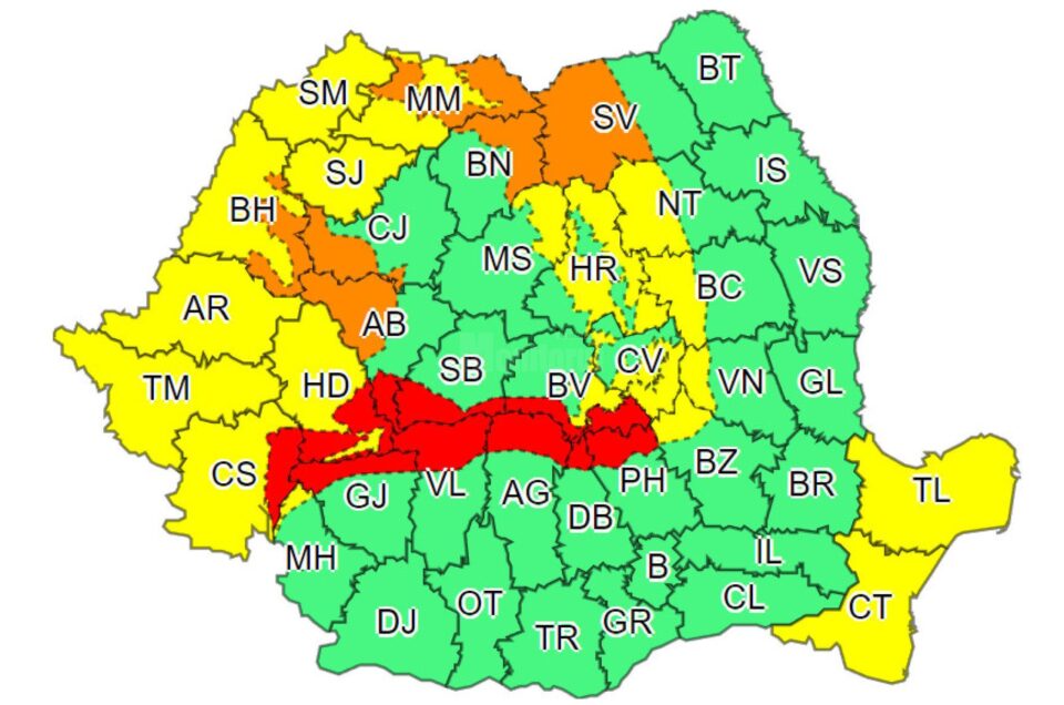 Cod portocaliu în jumătatea vestică a județului Suceava, cod galben și roșu în alte zone ale țării