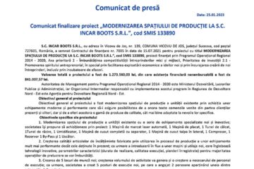 Comunicat finalizare proiect „MODERNIZAREA SPAȚIULUI DE PRODUCȚIE LA S.C. INCAR BOOTS S.R.L.”, cod SMIS 133890