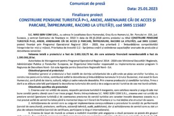 Finalizare proiect CONSTRUIRE PENSIUNE TURISTICĂ P+1, ANEXE, AMENAJARE CĂI DE ACCES ȘI PARCARE, ÎMPREJMUIRE, RACORD LA UTILITĂȚI, cod SMIS 115687