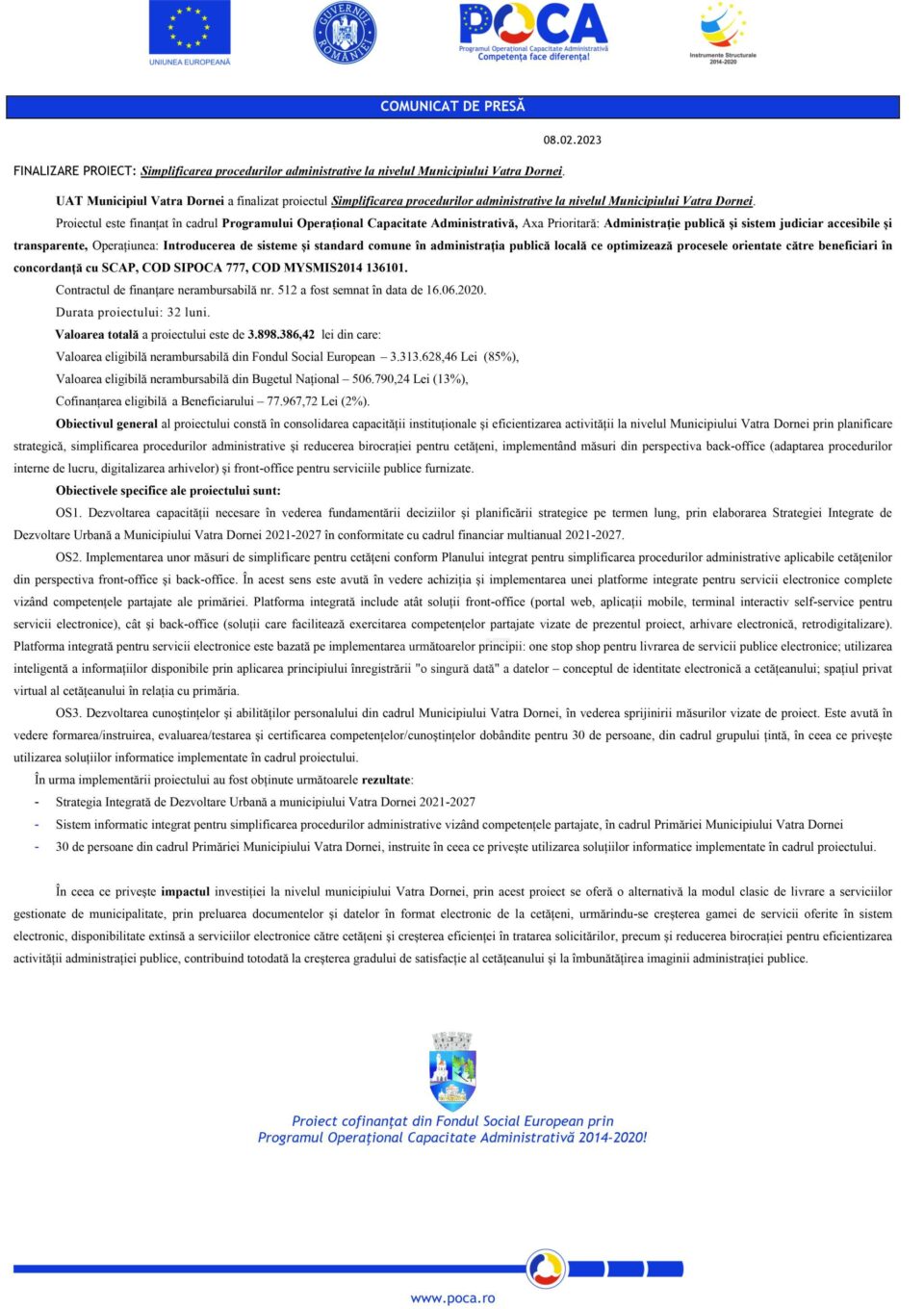 FINALIZARE PROIECT: Simplificarea procedurilor administrative la nivelul Municipiului Vatra Dornei.