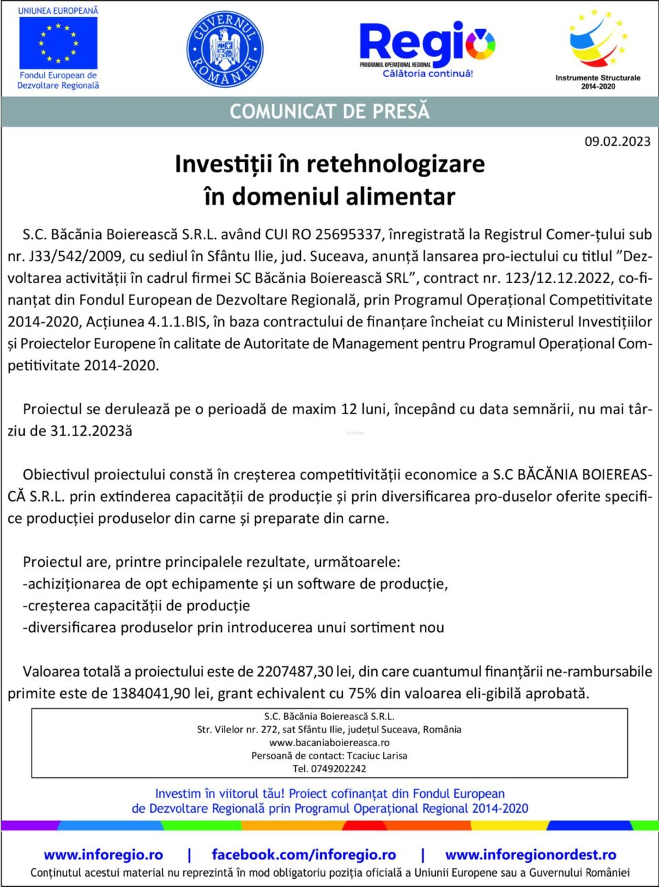 Investiții în retehnologizare în domeniul alimentar