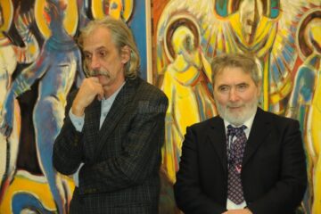 Artiștii Iulian Dzubinski și Konstantin Ungureanu Box la vernisajul expoziției lor