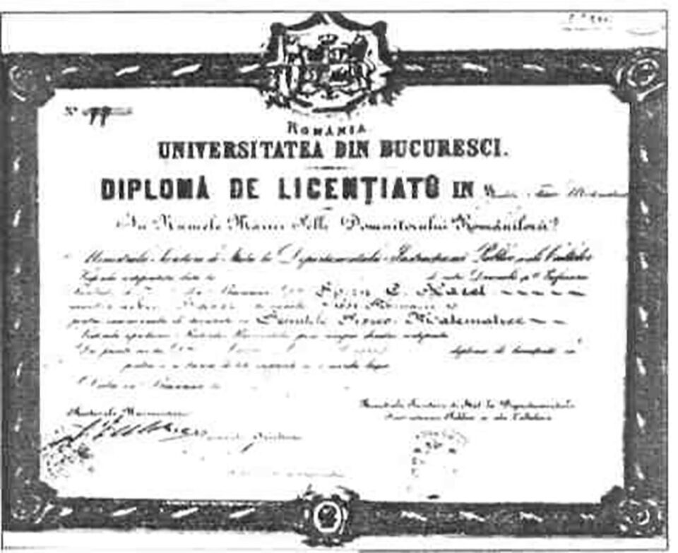 Diplomă de licență eliberată de Facultatea de Științe, 1874