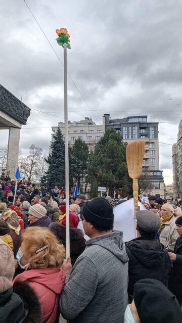 O floare și un măturoi aduse de manifestanți la miting