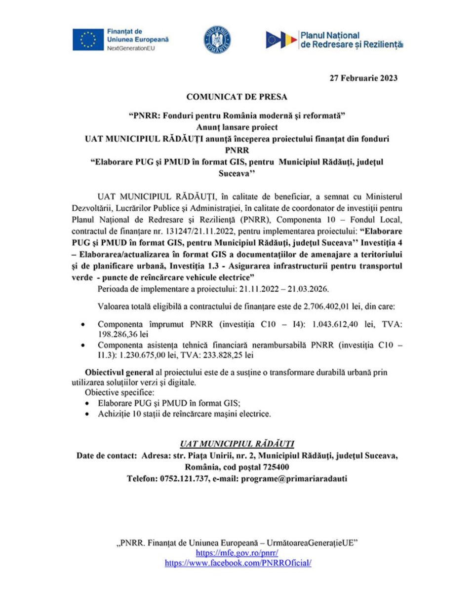 “PNRR: Fonduri pentru România modernă și reformată” Anunț lansare proiect UAT MUNICIPIUL RĂDĂUȚI anunță începerea proiectului finanțat din fonduri PNRR “Elaborare PUG și PMUD în format GIS, pentru Municipiul Rădăuți, județul Suceava’’