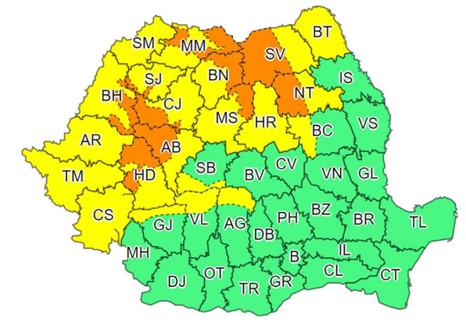 Cod portocaliu de ninsori abundente la munte și cod galben în restul județului
