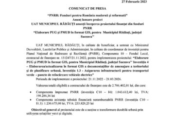 “PNRR: Fonduri pentru România modernă și reformată” Anunț lansare proiect UAT MUNICIPIUL RĂDĂUȚI anunță începerea proiectului finanțat din fonduri PNRR “Elaborare PUG și PMUD în format GIS, pentru Municipiul Rădăuți, județul Suceava’’
