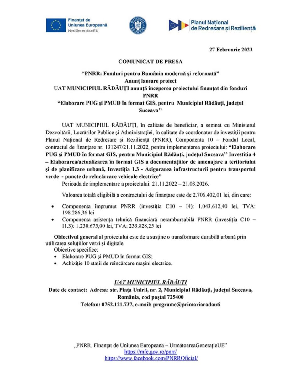 “PNRR: Fonduri pentru România modernă și reformată” Anunț lansare proiect UAT MUNICIPIUL RĂDĂUȚI anunță începerea proiectului finanțat din fonduri PNRR “Elaborare PUG și PMUD în format GIS, pentru Municipiul Rădăuți, județul Suceava’’