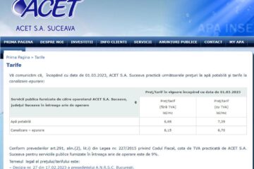 Tarife ACET Suceava pentru apa potabilă și serviciile de canalizare-epurare de la 1 martie 2023