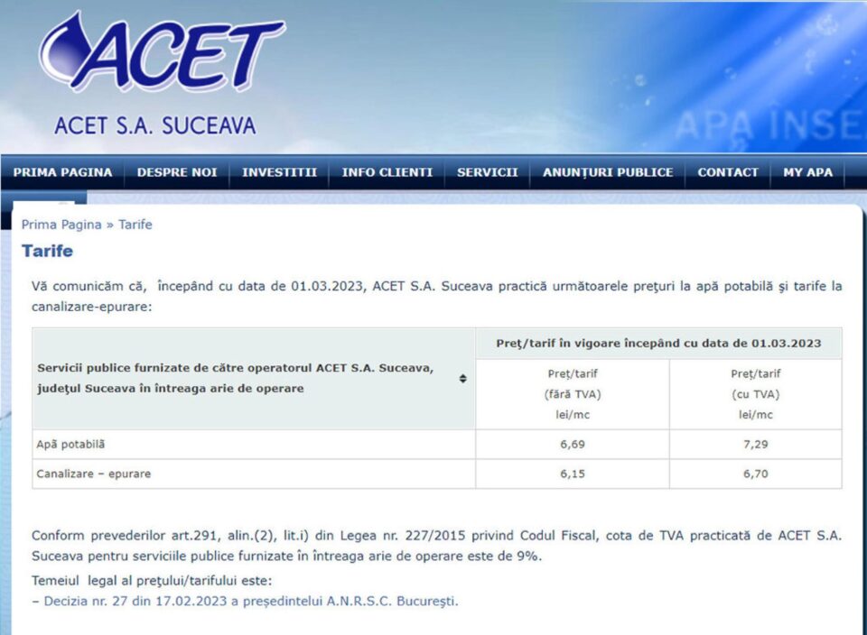 Tarife ACET Suceava pentru apa potabilă și serviciile de canalizare-epurare de la 1 martie 2023 Tarife ACET Suceava pentru apa potabilă și serviciile de canalizare-epurare de la 1 martie 2023