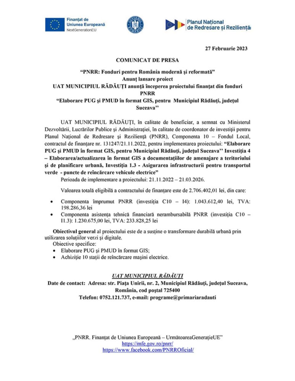 “PNRR: Fonduri pentru România modernă și reformată” Anunț lansare proiect UAT MUNICIPIUL RĂDĂUȚI anunță începerea proiectului finanțat din fonduri PNRR “Elaborare PUG și PMUD în format GIS, pentru Municipiul Rădăuți, județul Suceava’’