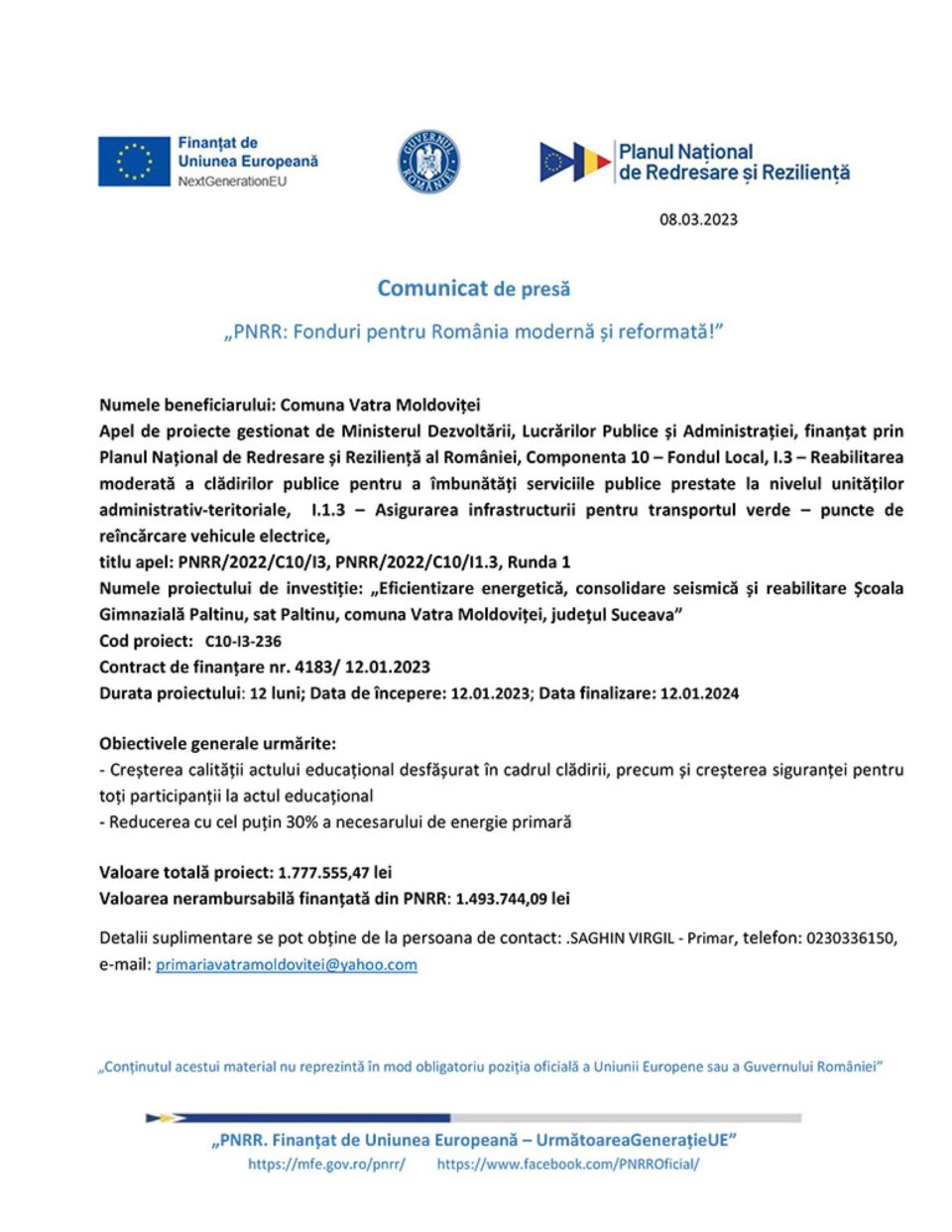„PNRR: Fonduri pentru România modernă și reformată!”