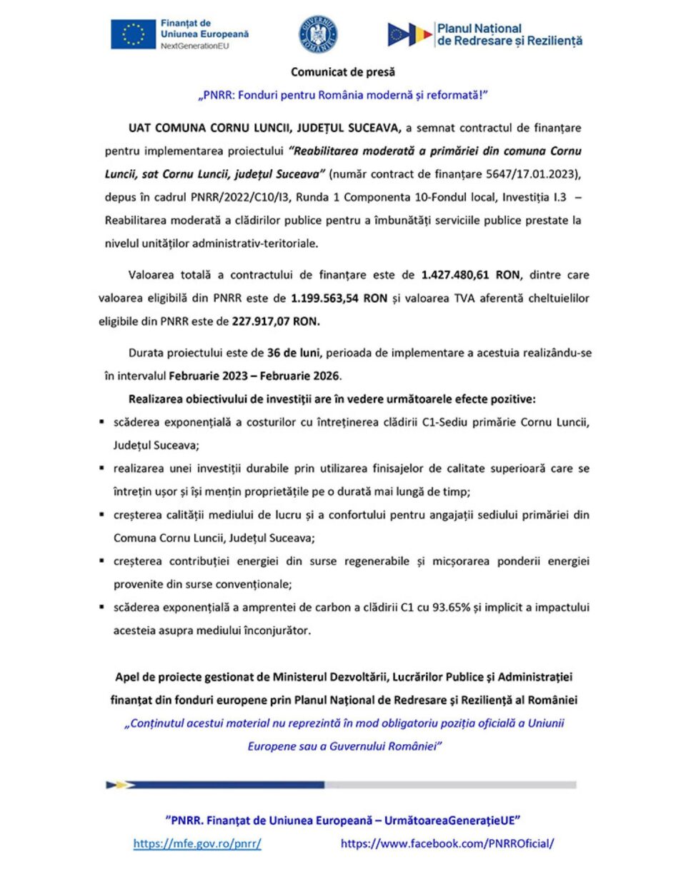 „PNRR: Fonduri pentru România modernă și reformată!” - eabilitarea moderată a primăriei din comuna Cornu Luncii, sat Cornu Luncii, județul Suceava