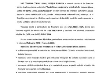 „PNRR: Fonduri pentru România modernă și reformată!” - eabilitarea moderată a primăriei din comuna Cornu Luncii, sat Cornu Luncii, județul Suceava