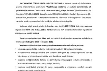 „PNRR: Fonduri pentru România modernă și reformată!” - Reabilitarea moderată a sediului administrativ al primăriei din comuna Cornu Luncii, satul Sasca Mică, județul Suceava