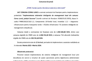 „PNRR: Fonduri pentru România modernă și reformată!” - Implementarea  sistemelor  inteligente  de  management  local  din  comuna  Cornu Luncii, județul Suceava”