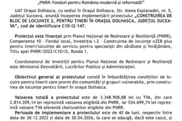 „PNRR: Fonduri pentru România modernă și reformată!” - „CONSTRUIREA DE BLOC DE LOCUINȚE 2, PENTRU TINERI ÎN ORAȘUL DOLHASCA, JUDEȚUL SUCEAVA”