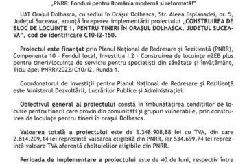 „PNRR: Fonduri pentru România modernă și reformată!” - „CONSTRUIREA DE BLOC DE LOCUINȚE 1, PENTRU TINERI ÎN ORAȘUL DOLHASCA, JUDEȚUL SUCEAVA”