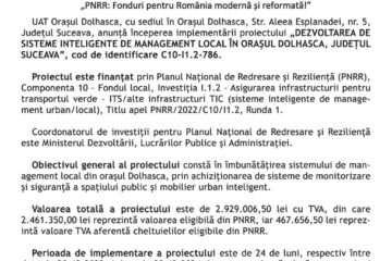 „PNRR: Fonduri pentru România modernă și reformată!” - „DEZVOLTAREA DE SISTEME INTELIGENTE DE MANAGEMENT LOCAL ÎN ORAȘUL DOLHASCA, JUDEȚUL SUCEAVA”