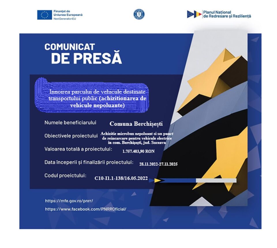 Achizitie microbus nepoluant și un punct de reincărcare pentru vechicule electrice în com. Berchișești, jud. Suceava Achizitie microbus nepoluant și un punct de reincărcare pentru vechicule electrice în com. Berchișești, jud. Suceava
