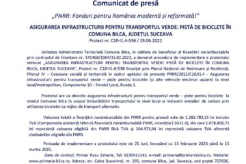 „PNRR: Fonduri pentru România modernă și reformată!” ASIGURAREA INFRASTRUCTURII PENTRU TRANSPORTUL VERDE: PISTĂ DE BICICLETE ÎN COMUNA BILCA, JUDEȚUL SUCEAVA