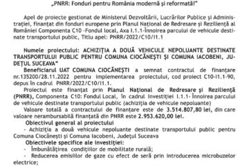 „PNRR: Fonduri pentru România modernă și reformată!” - ACHIZIȚIA A DOUĂ VEHICULE NEPOLUANTE DESTINATE TRANSPORTULUI PUBLIC PENTRU COMUNA CIOCĂNEȘTI ȘI COMUNA IACOBENI, JUDEȚUL SUCEAVA