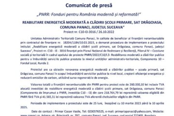 „PNRR: Fonduri pentru România modernă și reformată!” REABILITARE ENERGETICĂ MODERATĂ A CLĂDIRII ȘCOLII PRIMARE, SAT DRĂGOIASA, COMUNA PANACI, JUDEȚUL SUCEAVA” Proiect nr. C10-I3-3016 / 26.10.2022