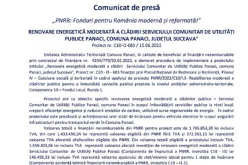 „PNRR: Fonduri pentru România modernă și reformată!” RENOVARE ENERGETICĂ MODERATĂ A CLĂDIRII SERVICIULUI COMUNITAR DE UTILITĂȚI PUBLICE PANACI, COMUNA PANACI, JUDEȚUL SUCEAVA” - Proiect nr. C10-I3-683 / 15.06.2022