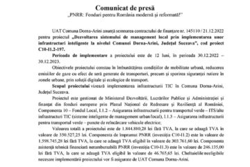 „PNRR: Fonduri pentru România modernă și reformată!” - „Dezvoltarea sistemului de management local prin implementarea unor infrastructuri inteligente la nivelul Comunei Dorna-Arini, Județul Suceava”, cod proiect C10‐I1.2‐197.