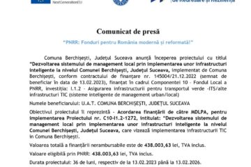 “PNRR: Fonduri pentru România modernă și reformată!” - Dezvoltarea sistemului de management local prin implementarea unor infrastructuri inteligente la nivelul Comunei Berchișești, Județul Suceava