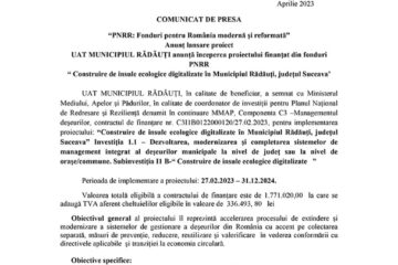 “PNRR: Fonduri pentru România modernă și reformată” Anunț lansare proiect UAT MUNICIPIUL RĂDĂUȚI anunță începerea proiectului finanțat din fonduri PNRR “ Construire de insule ecologice digitalizate în Municipiul Rădăuți, județul Suceava’