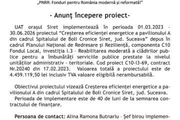 Anunț începere proiect - Creșterea eficienței energetice a pavilionului A din cadrul Spitalului de Boli Cronice Siret, jud. Suceava