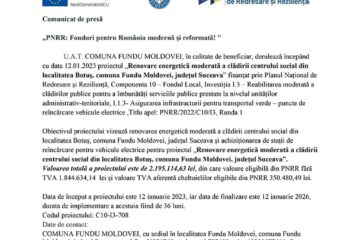 „PNRR: Fonduri pentru România modernă și reformată! " - Renovare energetică moderată a clădirii centrului social din localitatea Botuș, comuna Fundu Moldovei, județul Suceava