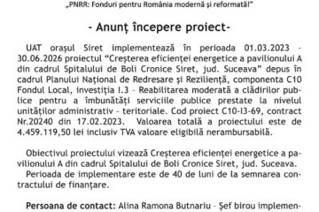 Anunt incepere proiect: Creșterea eficienței energetice a pavilionului A din cadrul Spitalului de Boli Cronice Siret, jud. Suceava