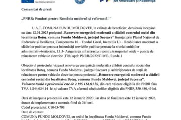 „PNRR: Fonduri pentru România modernă și reformată! " - Renovare energetică moderată a clădirii centrului social din localitatea Botuș, comuna Fundu Moldovei, județul Suceava
