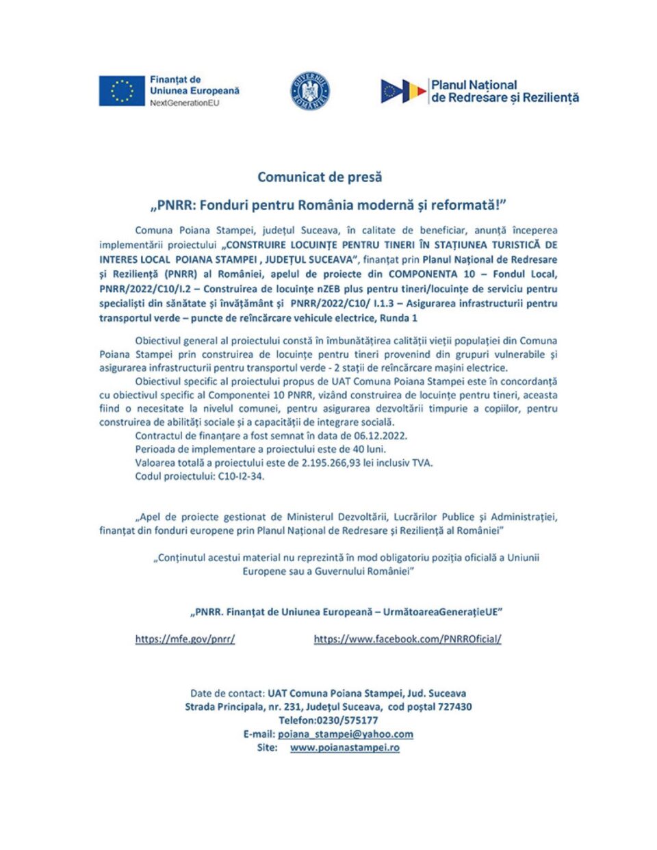 „PNRR: Fonduri pentru România modernă și reformată!” - CONSTRUIRE LOCUINȚE PENTRU TINERI ÎN STAȚIUNEA TURISTICĂ DE INTERES LOCAL POIANA STAMPEI , JUDEȚUL SUCEAVA