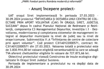 PNRR: Fonduri pentru România modernă și reformată - anunț începere proiect - ÎNFIINȚAREA ȘI DOTAREA UNUI CENTRU DE COLECTARE PRIN APORT VOLUNTAR (CAV) ÎN ORAȘUL SIRET, JUDEȚUL SUCEAVA