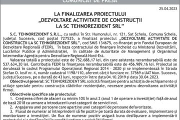 LA FINALIZAREA PROIECTULUI „DEZVOLTARE ACTIVITATE DE CONSTRUCȚII LA SC TEHNOREZIDENT SRL”
