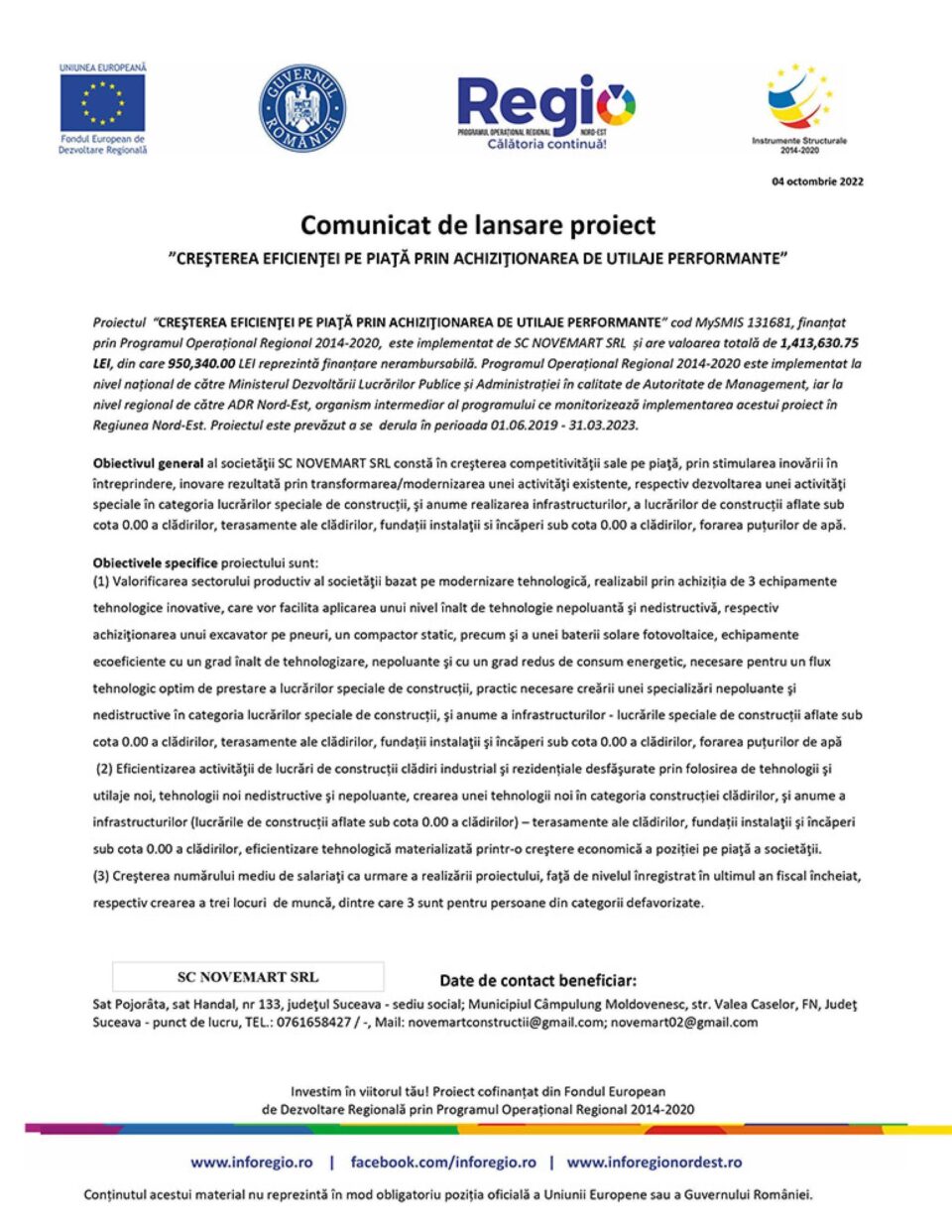 ”CREȘTEREA EFICIENȚEI PE PIAȚĂ PRIN ACHIZIȚIONAREA DE UTILAJE PERFORMANTE”